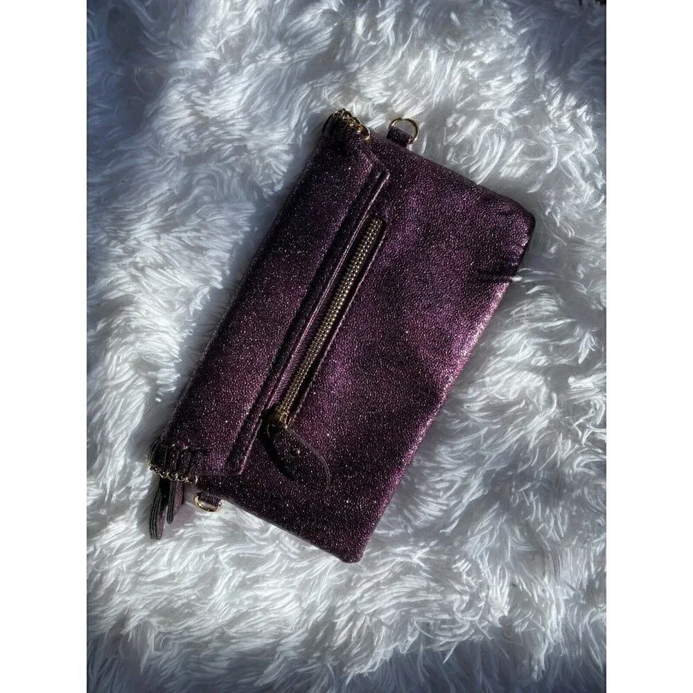 Sondra Roberts purple sparkly wristlet with gold chain details